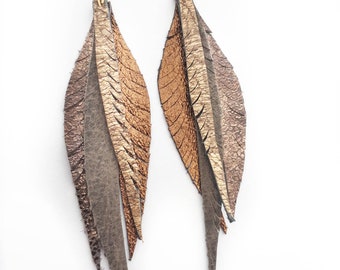 Leather Feather Earrings - metallics and neutral grey