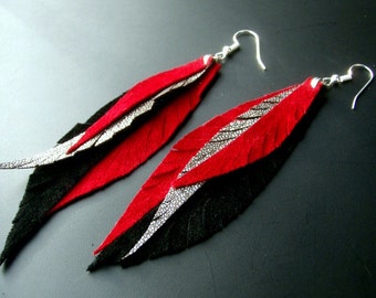 Leather Feather Earrings - Black, silver and red.