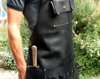 Black Leather Apron with Knife Sheath Pocket