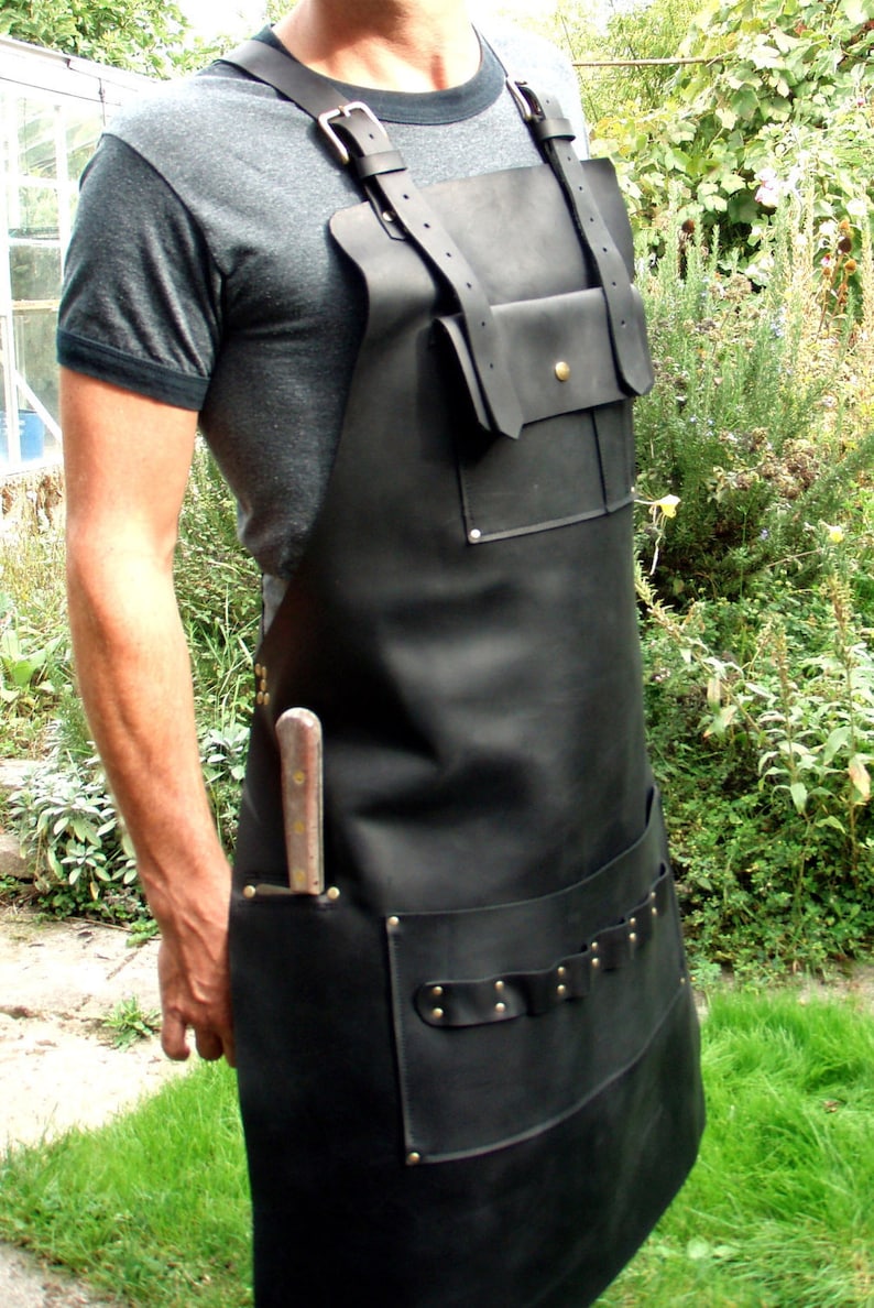 Leather BBQ Apron with Knife Sheath Pocket Etsy