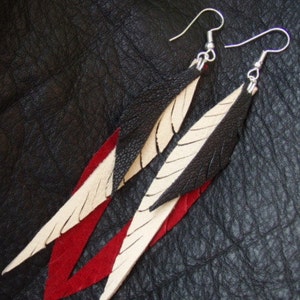 Red Suede and Dark Chocolate Leather Feather Earrings with Soft Creamy Deerskin image 2