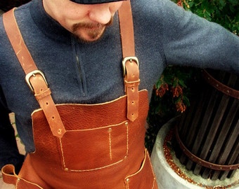 Leather Work Apron with Chest Pocket, Hip pockets, Brass Buckles and Hammer Loop