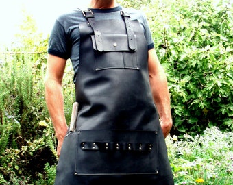 Leather BBQ Apron with Knife Sheath Pocket