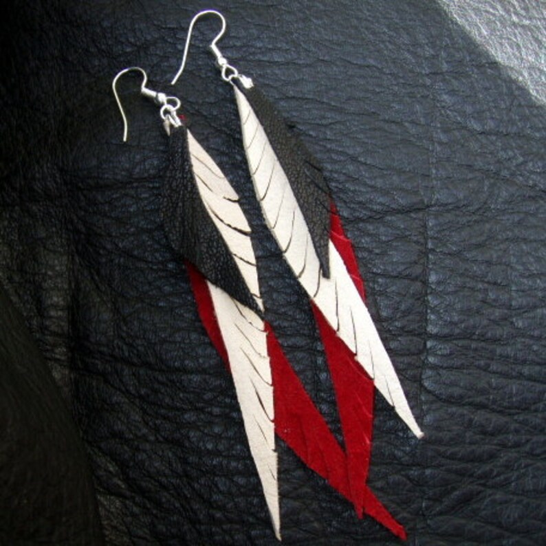 Red Suede and Dark Chocolate Leather Feather Earrings with Soft Creamy Deerskin image 4