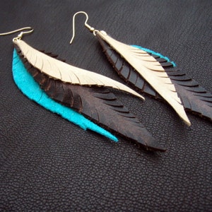 Tan Suede Feather Earrings with Turquoise Chunks main image 0