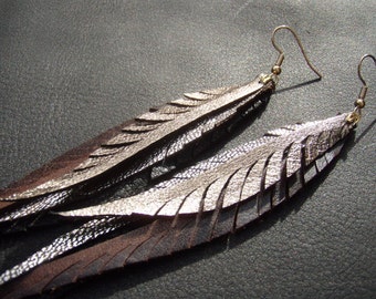 Long Feather Earrings - silver, gold and brown metallics