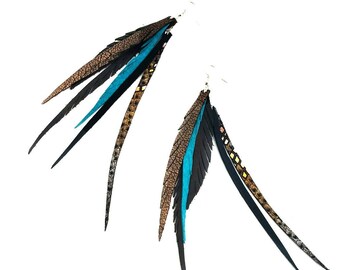 Long Double Layer Leather Feather Earrings with sterling silver