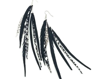 Long Double Layer Leather Feather Earrings with sterling silver
