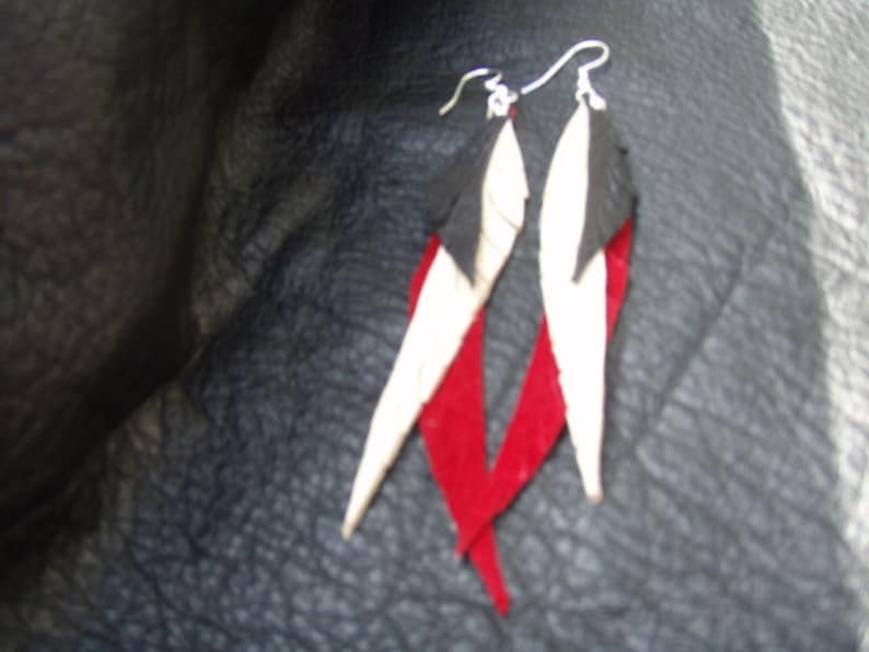 Red Suede and Dark Chocolate Leather Feather Earrings with Soft Creamy Deerskin image 5