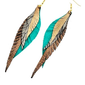 Leather Feather Earrings silver, turquoise and gold image 3