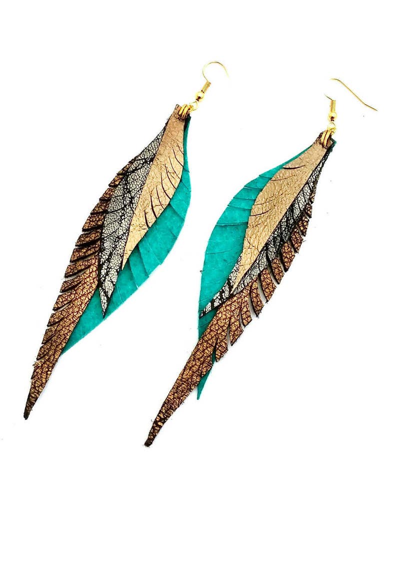 Leather Feather Earrings silver, turquoise and gold image 3