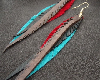 Leather Feather Earrings - red, teal, brown and black.
