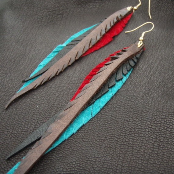 Red & Turquoise Leather Earrings Red & Turquoise Leather Earrings