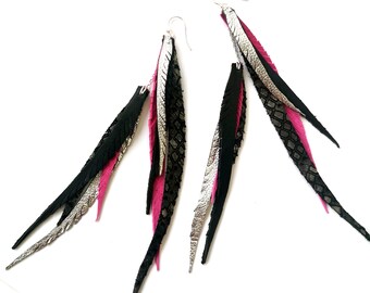 Leather Feather Earrings - double layer hot pink, black and silver with sterling silver chain and shepherd hooks.