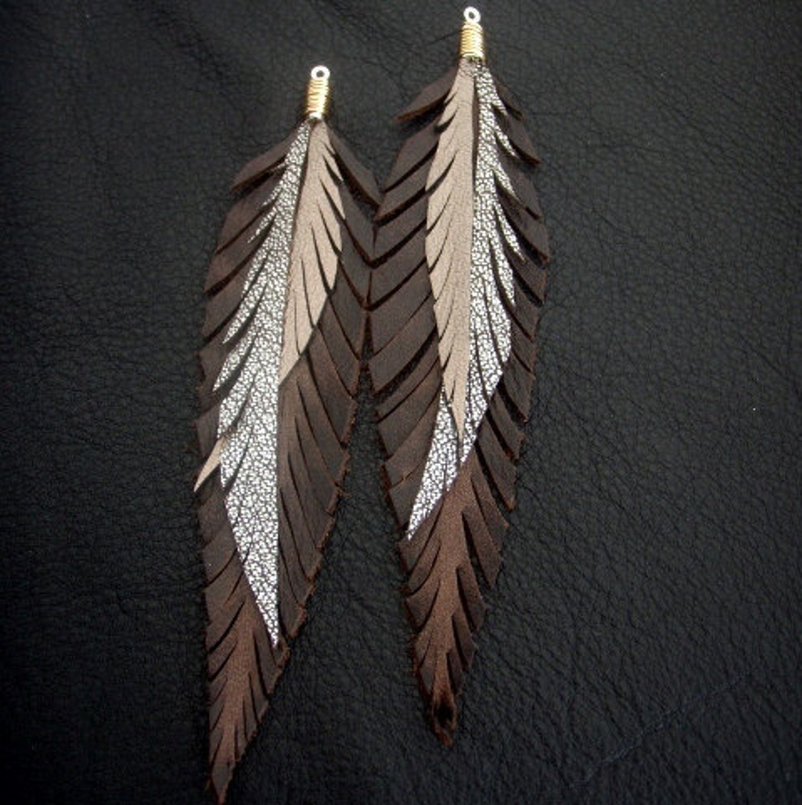 Leather Feather Earrings Brown Gold and Silver Shoulder Etsy