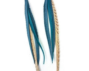 Leather Feather Earrings in blues and silvers.