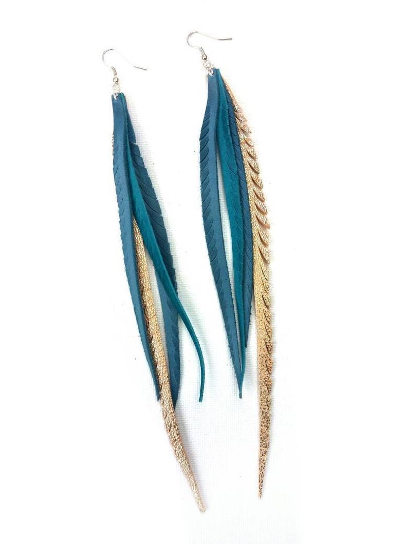 Leather Feather Earrings in blues and silvers. image 1