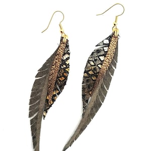 Leather Feather Earrings grey and sparkly bronze image 3