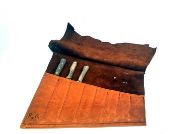 Rustic Leather Knife Roll with raw edge in caramel and dark brown leather