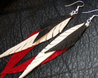 Red Suede and Dark Chocolate Leather Feather Earrings with Soft Creamy Deerskin