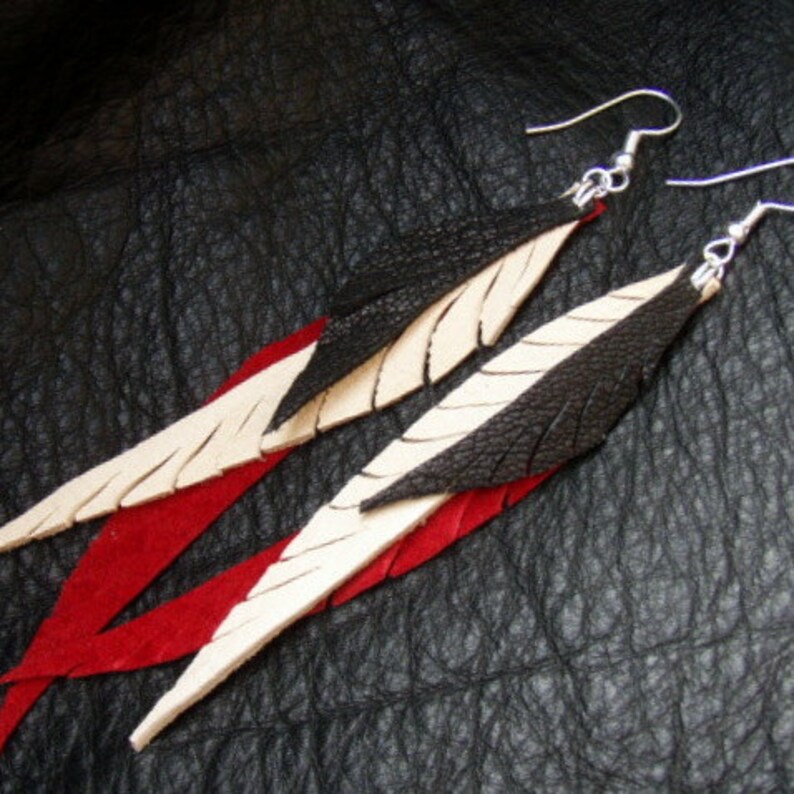 Red Suede and Dark Chocolate Leather Feather Earrings with Soft Creamy Deerskin image 1