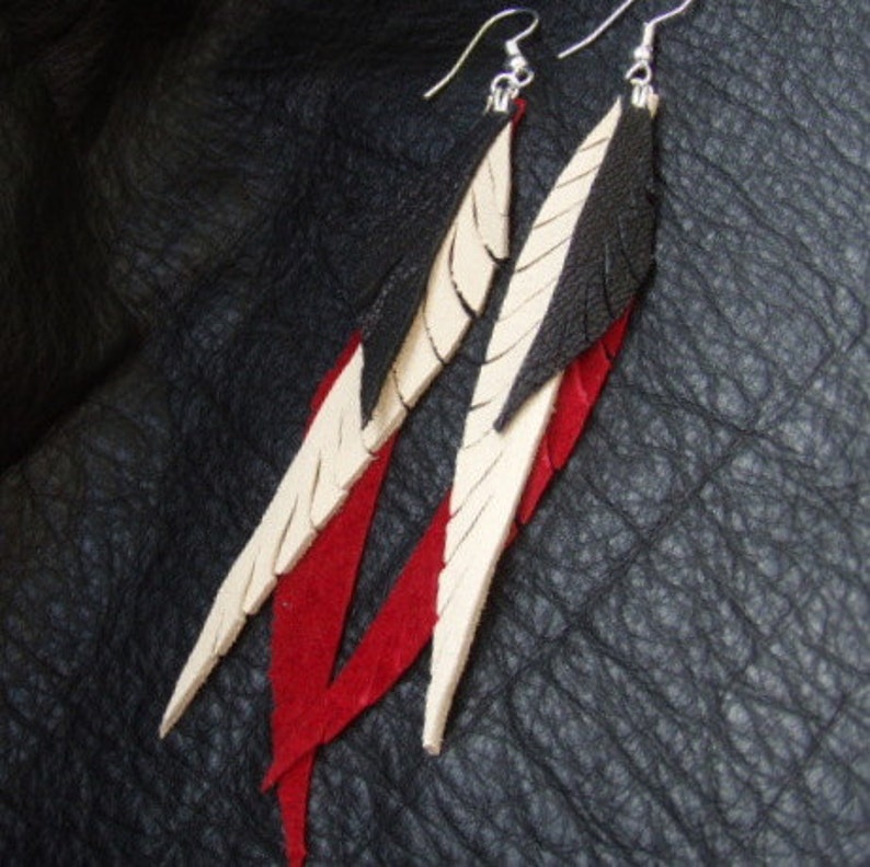 Red Suede and Dark Chocolate Leather Feather Earrings with Soft Creamy Deerskin image 3