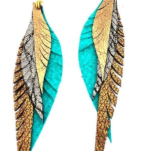 Leather Feather Earrings silver, turquoise and gold image 2