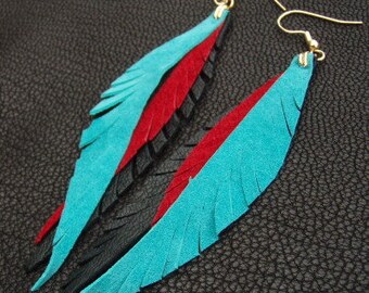 Leather Feather Earrings - turquoise, bright red, black