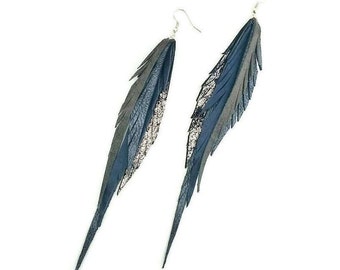 Leather Feather Earrings in grays and silvers.