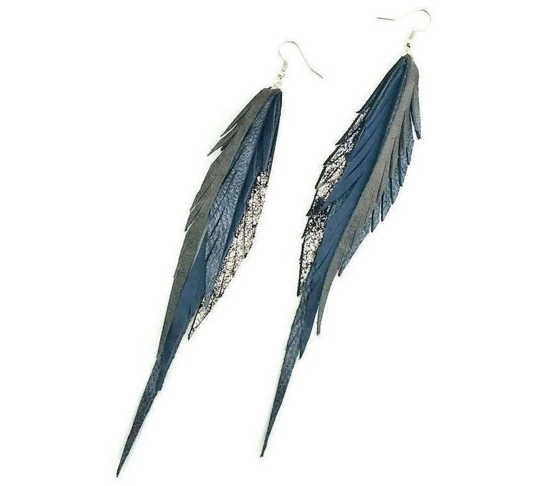 Leather Feather Earrings in grays and silvers. image 1