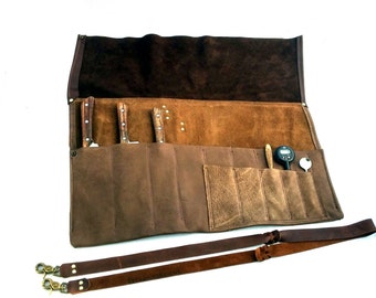 Chef's Leather Knife Roll with Shoulder Strap