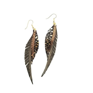 Leather Feather Earrings grey and sparkly bronze image 1