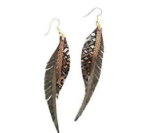 Leather Feather Earrings - grey and sparkly bronze