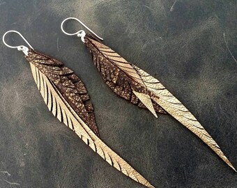 Gold Leather Feather Earrings with Sterling Silver Hooks and Rings