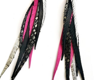 Leather Feather Earrings - hot pink, black and silver leather feathers with sterling silver hardware
