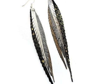 Leather Feather Earrings - mixed metallic golds and silvers