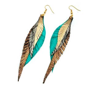 Leather Feather Earrings - silver, turquoise and gold