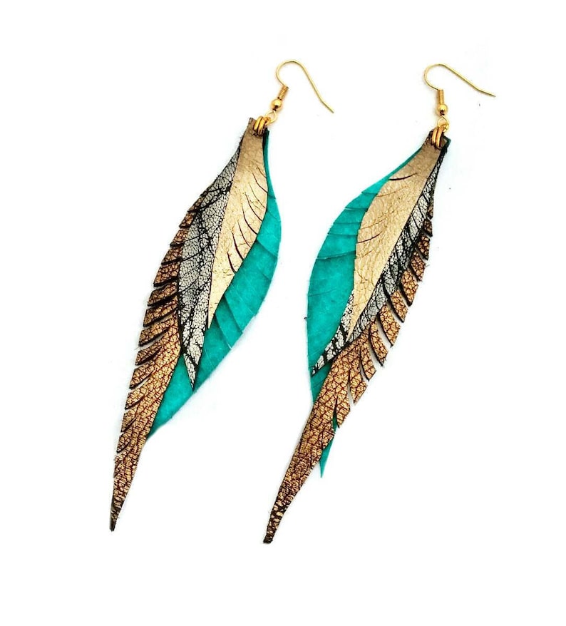 Leather Feather Earrings silver, turquoise and gold image 1