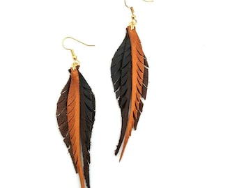 Leather Feather Earrings - brown and caramel