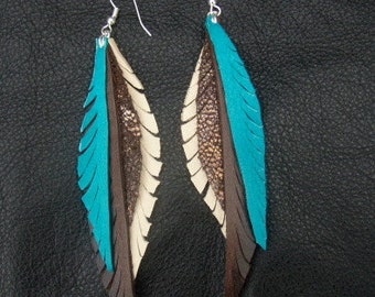 Leather Feather Earrings - turquoise, brown, sparkle and tan leather feathers