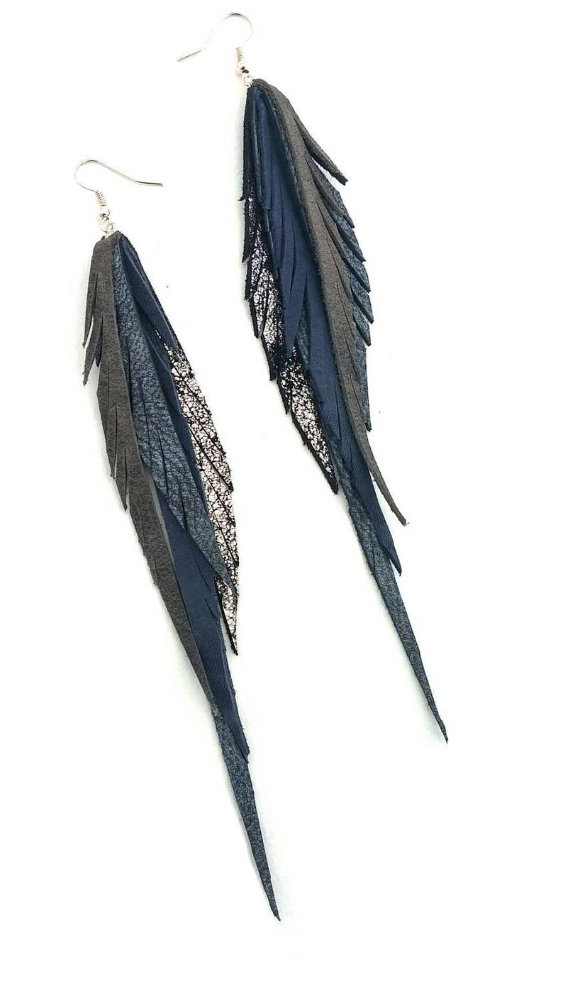 Leather Feather Earrings in grays and silvers. image 2