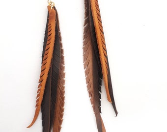 Leather Feather Earrings - brown and tan