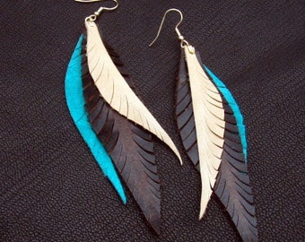 Long Feather Earrings - turquoise, brown and tan leather feathers