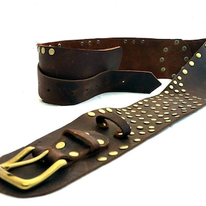 Steampunk Leather Belt: Wide Brown Belt with Brass Rivets
