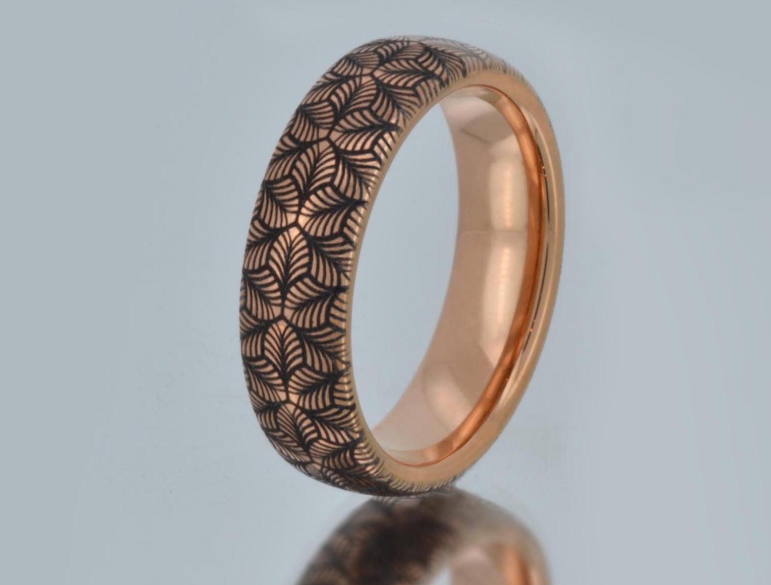 Abstract nature leaf rose gold tungsten ring, personalized 6mm geometric leaves wedding band, unique floral design, Her anniversary gift