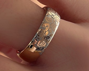Gorgeous rose gold tungsten ring, Delicate white engraved roses, 6mm floral women&#39;s wedding band, nature inspired romantic motive