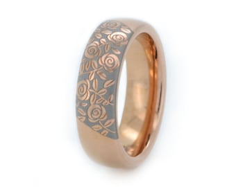 Elegant rose gold tungsten ring, Delicate white engraved roses, 6mm floral women&#39;s wedding band, nature inspired romantic motive, girlfriend