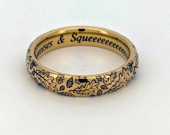 Women gold tungsten ring with delicate Oak leaves, 4mm nature inspired best friend gift, Unique leaf pattern, Lovely subtle present for her
