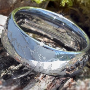 Customizable Mountain Tungsten Ring, Engraved Landscape Scene Band, Unique White Gold Tungsten Band, 8mm Wide, Nature-inspired Gift