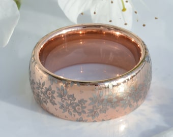Floral Pattern Rose Gold Tungsten Ring - Elegant Engraved Wedding Band, Unique Design for Her, Romantic Anniversary Jewelry, Birthday Gift